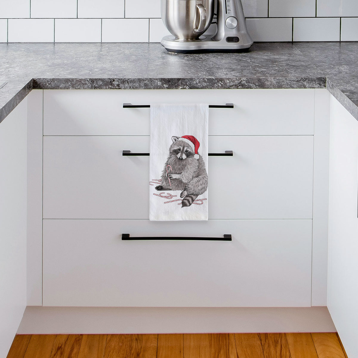 Santa Raccoon - Tea Towel, lifestyle photo