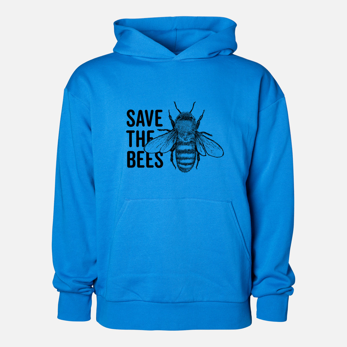 Save the Bees - Statement Midweight Hoodie in Azure Blue, shown from the front with the design printed on the chest above a front kangaroo pocket.