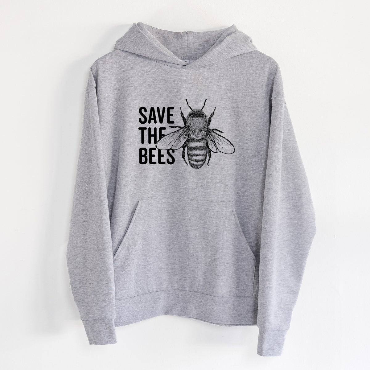 Save the Bees - Statement Midweight Hoodie in Heather Grey, hanging on a white wall, with a front kangaroo pocket and no drawcords.