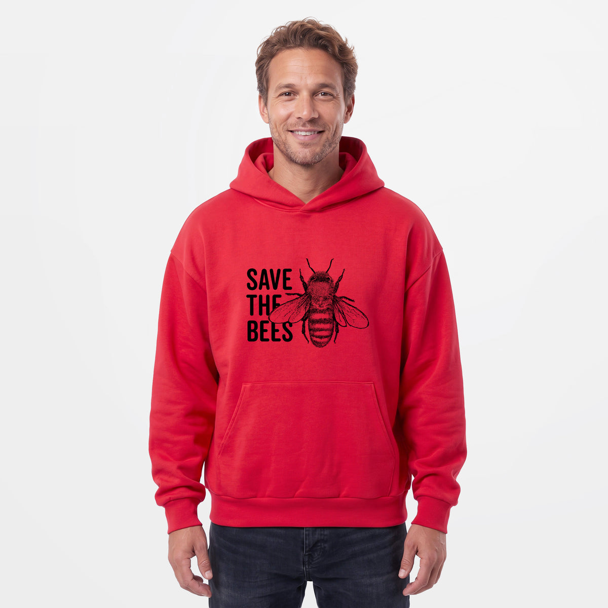 Male model wearing the Save the Bees - Statement Midweight Hoodie.