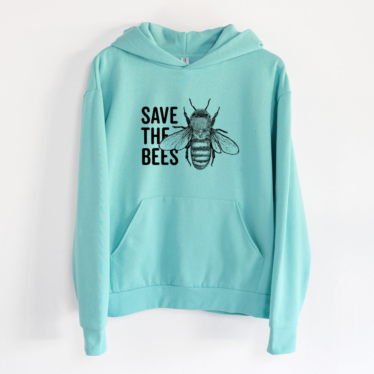 Save the Bees - Statement Midweight Hoodie in Seafoam, hanging on a white wall, with a front kangaroo pocket and no drawcords.