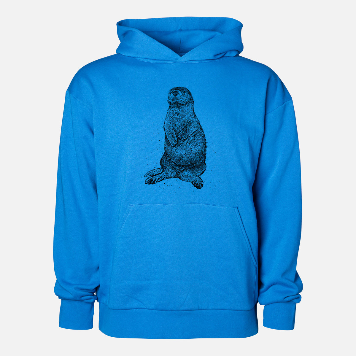 Enhydra lutris - California Sea Otter - Statement Midweight Hoodie in Azure Blue, shown from the front with the design printed on the chest above a front kangaroo pocket.