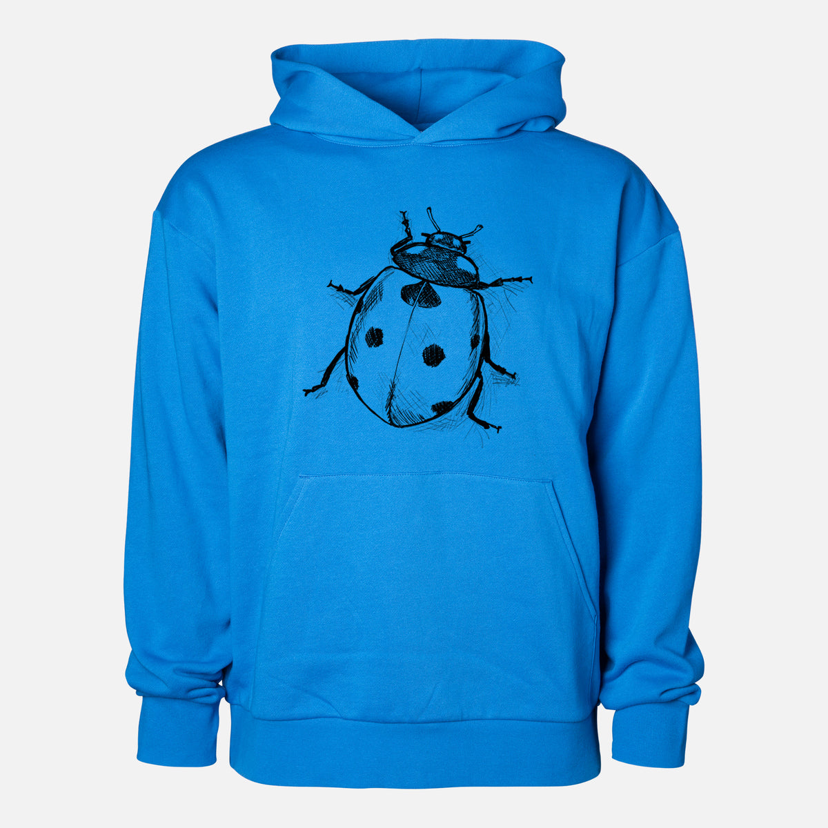 Coccinella septempunctata - Seven-spot Ladybird Ladybug - Statement Midweight Hoodie in Azure Blue, shown from the front with the design printed on the chest above a front kangaroo pocket.
