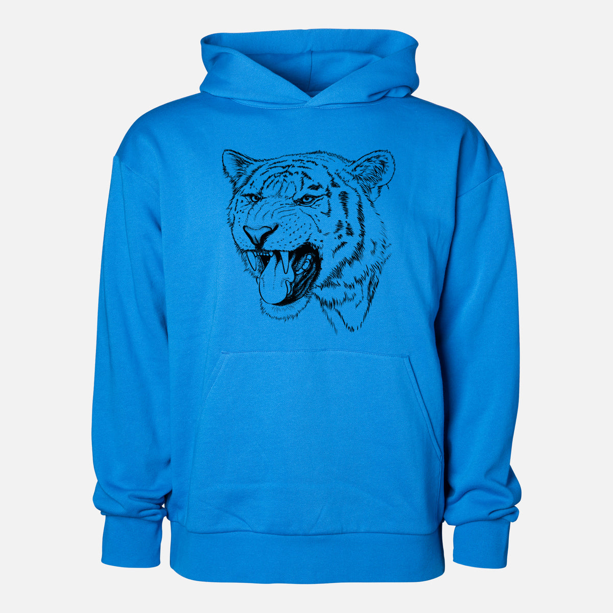 Siberian Tiger - Panthera tigris altaica - Statement Midweight Hoodie in Azure Blue, shown from the front with the design printed on the chest above a front kangaroo pocket.
