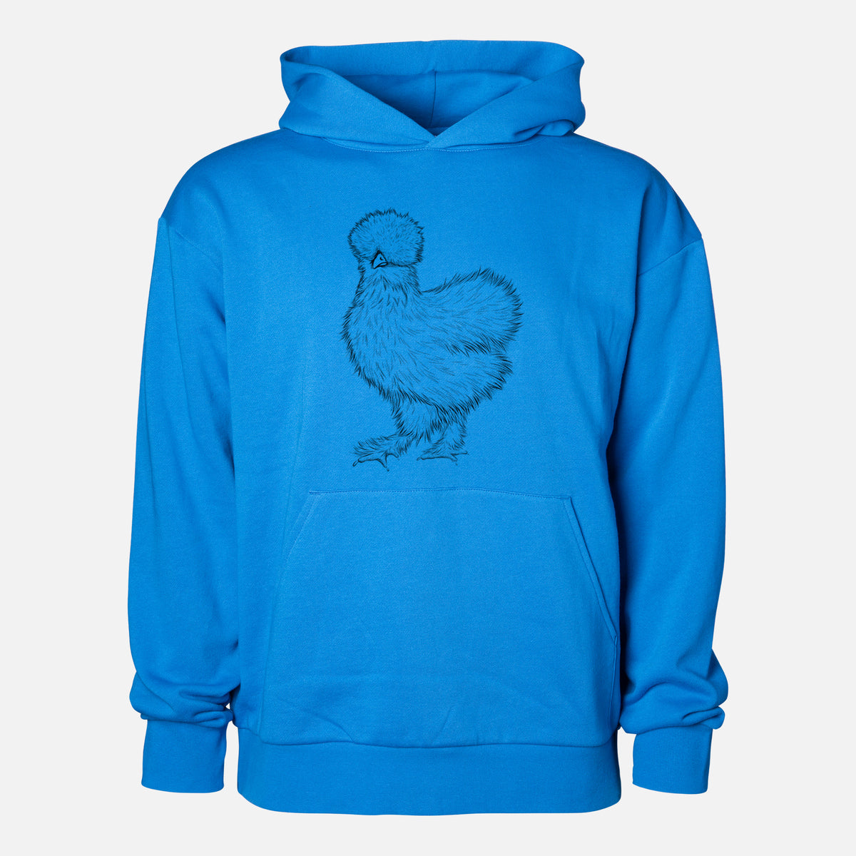 Silkie Chicken - Statement Midweight Hoodie in Azure Blue, shown from the front with the design printed on the chest above a front kangaroo pocket.