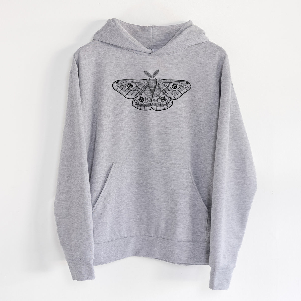 Saturnia pavonia - Small Emperor Moth - Statement Midweight Hoodie in Heather Grey, hanging on a white wall, with a front kangaroo pocket and no drawcords.