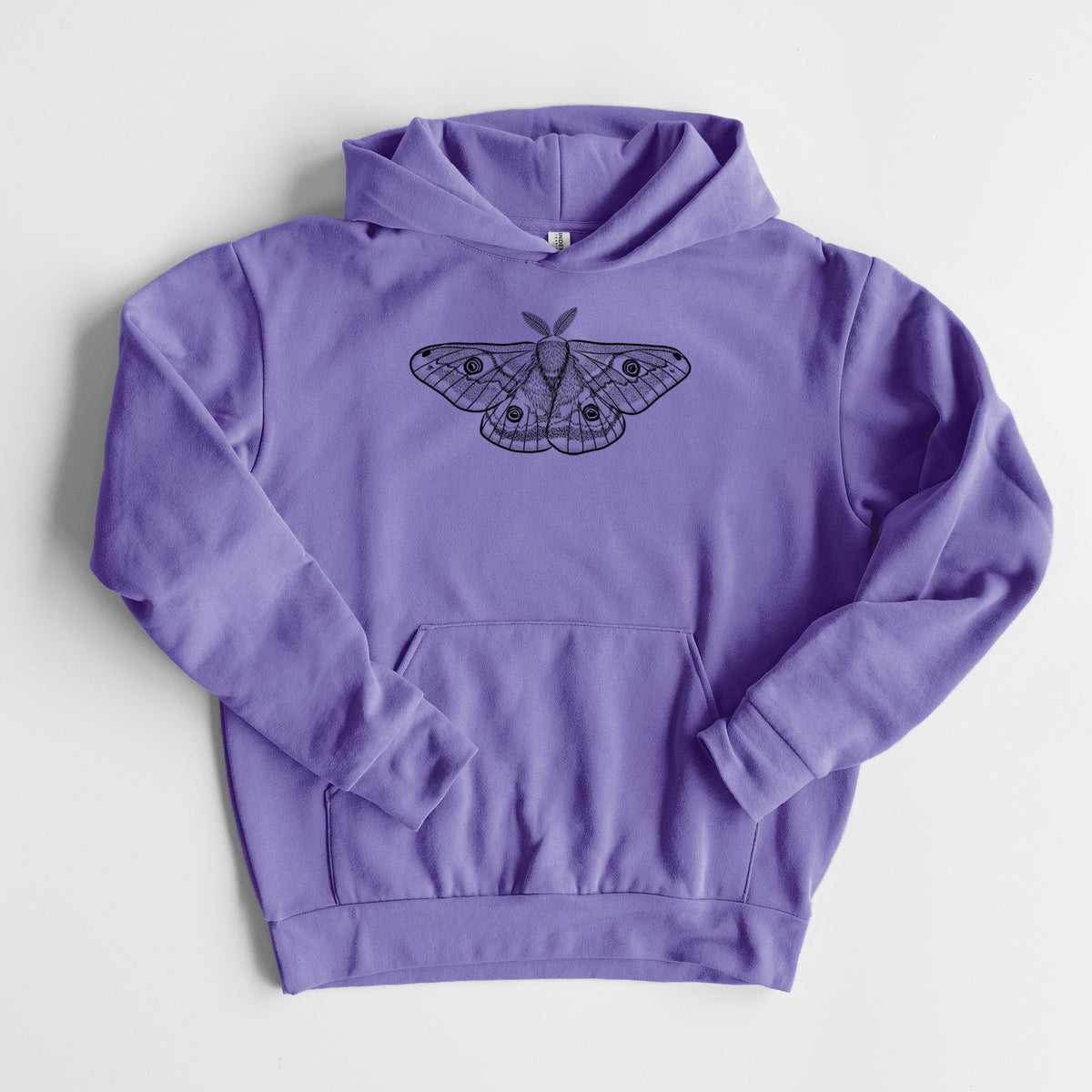 Saturnia pavonia - Small Emperor Moth - Statement Midweight Hoodie in Violet, laid flat, showing the oversized boxy fit and front kangaroo pocket.