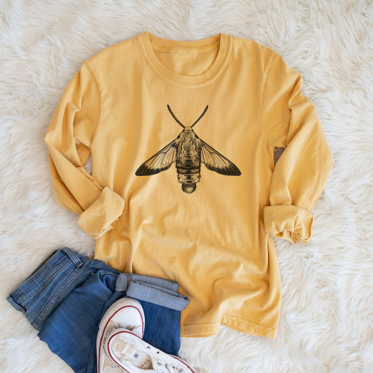 Snowberry Clearwing Moth - Hemaris diffinis - Men&#39;s Heavyweight 100% Cotton Long Sleeve