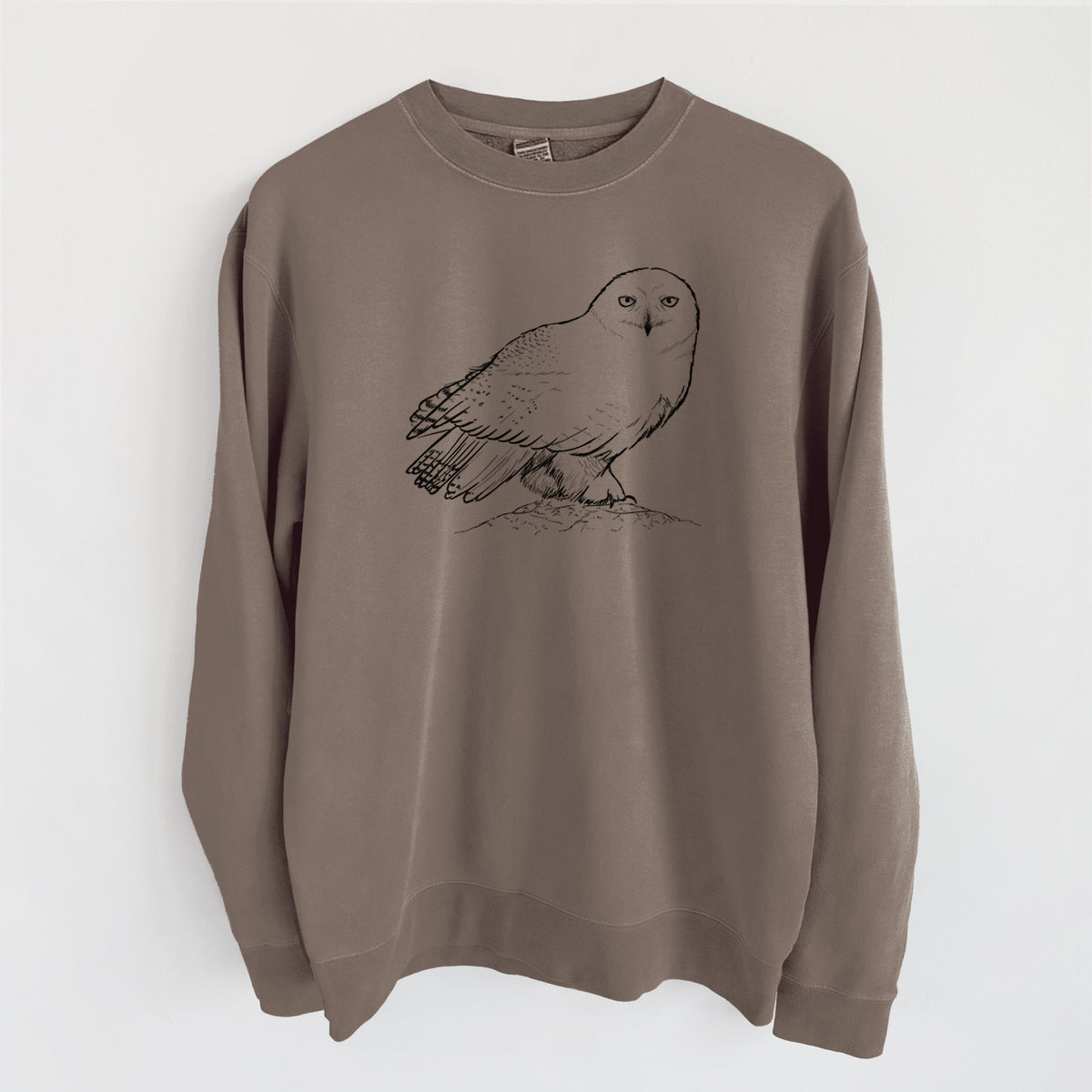 Snowy Owl - Bubo scandiacus - Unisex Pigment Dyed Crew Sweatshirt in Espresso Brown Color