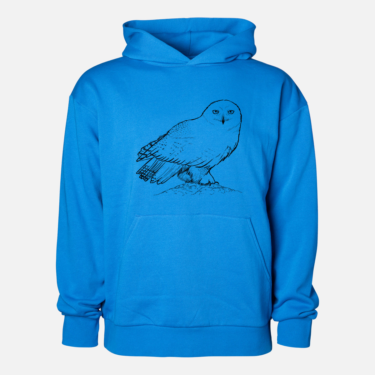 Snowy Owl - Bubo scandiacus - Statement Midweight Hoodie in Azure Blue, shown from the front with the design printed on the chest above a front kangaroo pocket.