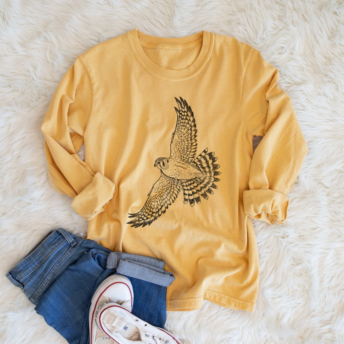 Soaring American Kestrel - Falco sparverius - Men&#39;s Heavyweight 100% Cotton Long Sleeve