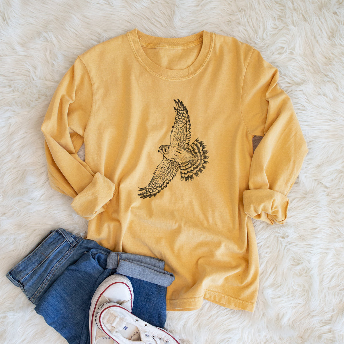Soaring American Kestrel - Falco sparverius - Unisex Comfort Colors 100% Cotton Long Sleeve