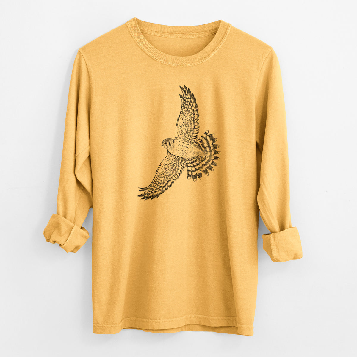 Soaring American Kestrel - Falco sparverius - Men&#39;s Heavyweight 100% Cotton Long Sleeve