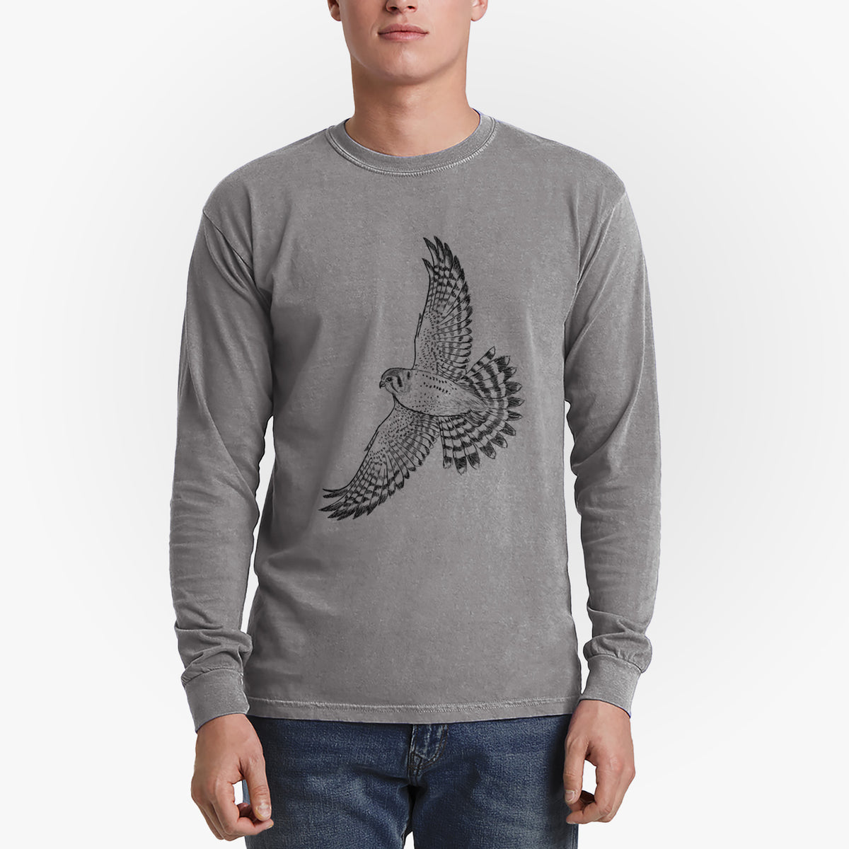 Soaring American Kestrel - Falco sparverius - Men&#39;s Heavyweight 100% Cotton Long Sleeve