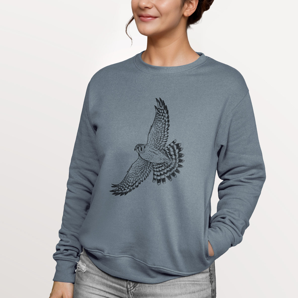 Soaring American Kestrel - Falco sparverius  - Unisex Reclaimed Crewneck Sweatshirt