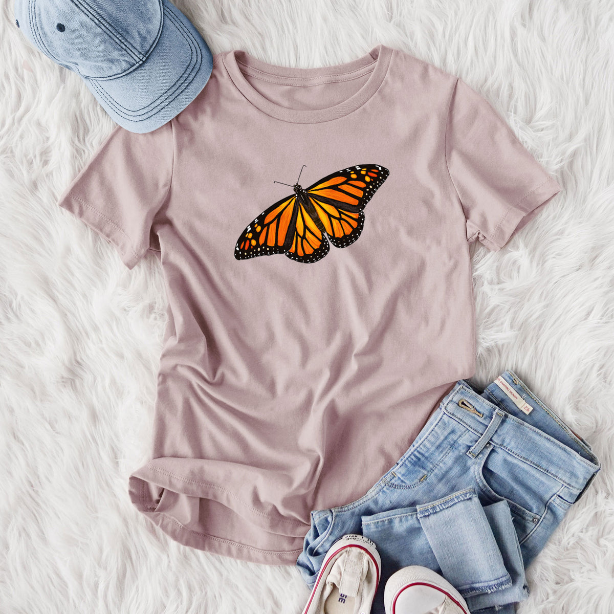 Vibrant Monarch - Danaus plexippus - Women's Lightweight Relaxed Fit 100% Cotton Crewneck