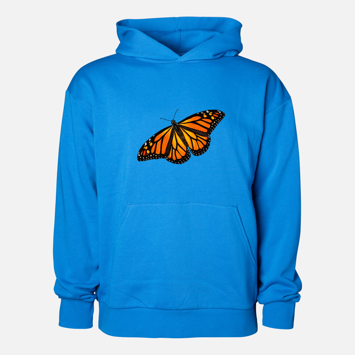 Vibrant Monarch - Danaus plexippus - Statement Midweight Hoodie in Azure Blue, shown from the front with the design printed on the chest above a front kangaroo pocket.