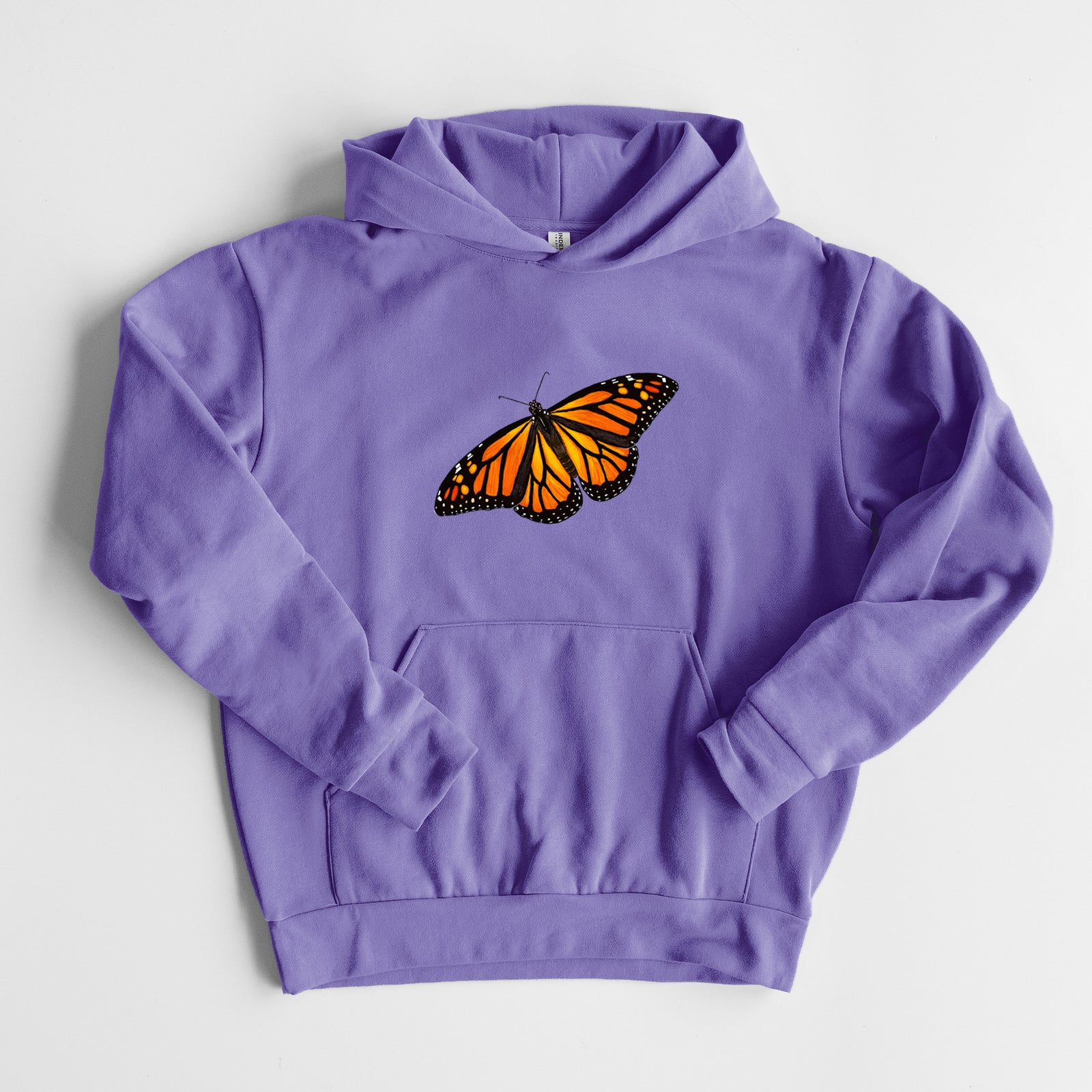 Vibrant Monarch - Danaus plexippus - Statement Midweight Hoodie in Violet, laid flat, showing the oversized boxy fit and front kangaroo pocket.