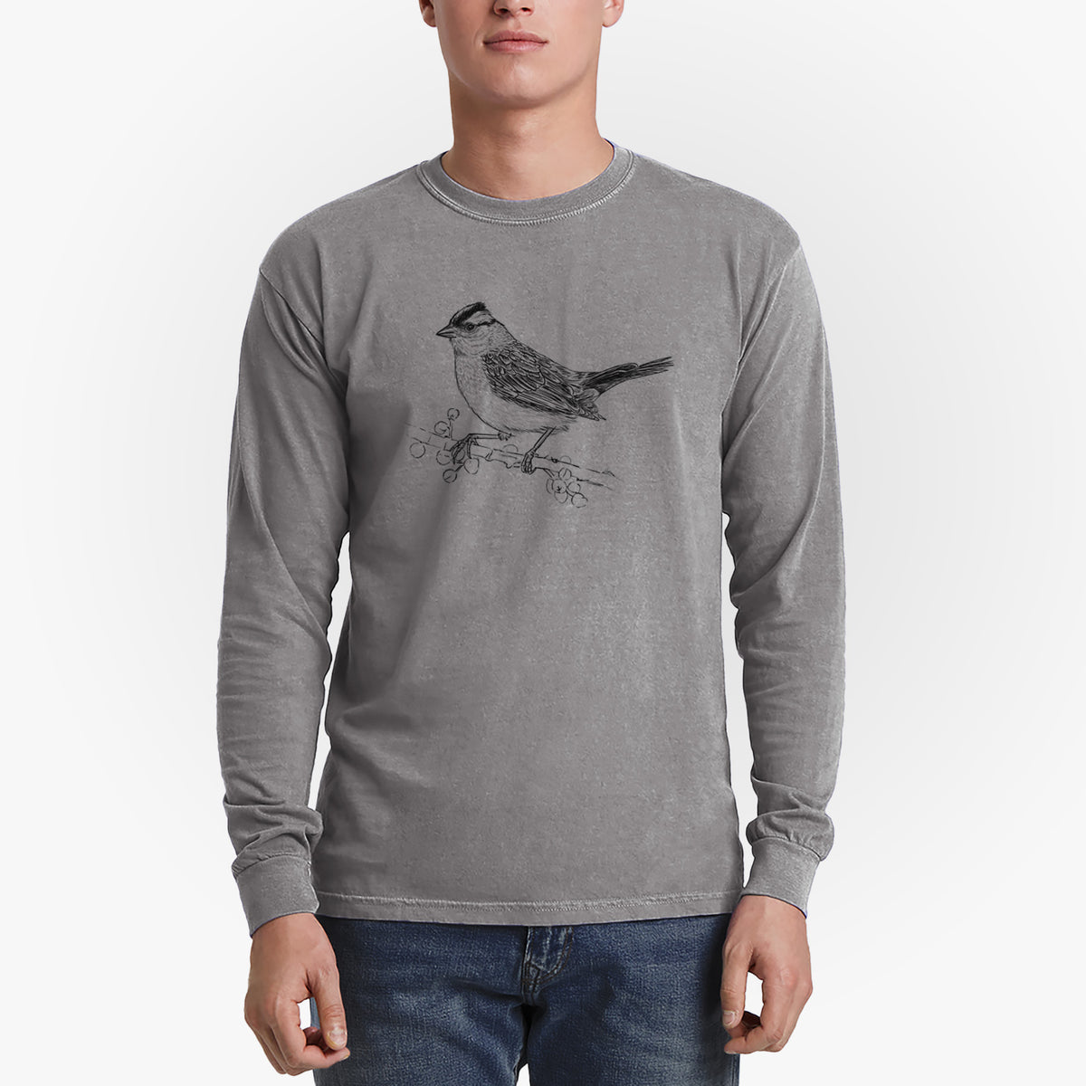 White-crowned Sparrow - Zonotrichia leucophrys - Men&#39;s Heavyweight 100% Cotton Long Sleeve