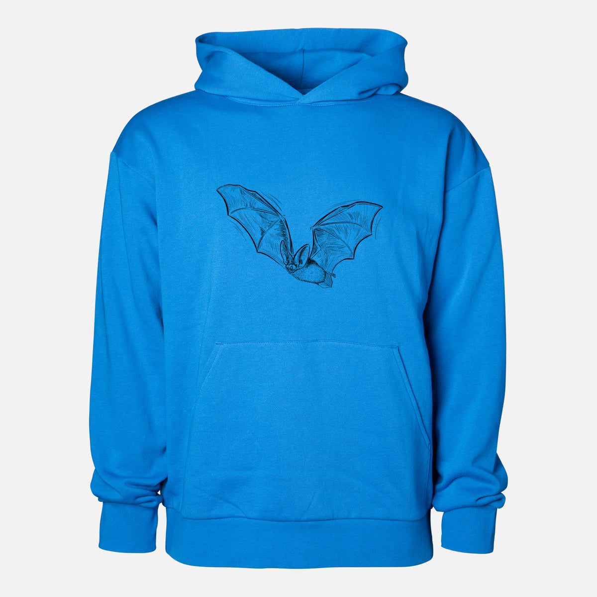 Spotted Bat - Euderma maculatum - Statement Midweight Hoodie in Azure Blue, shown from the front with the design printed on the chest above a front kangaroo pocket.