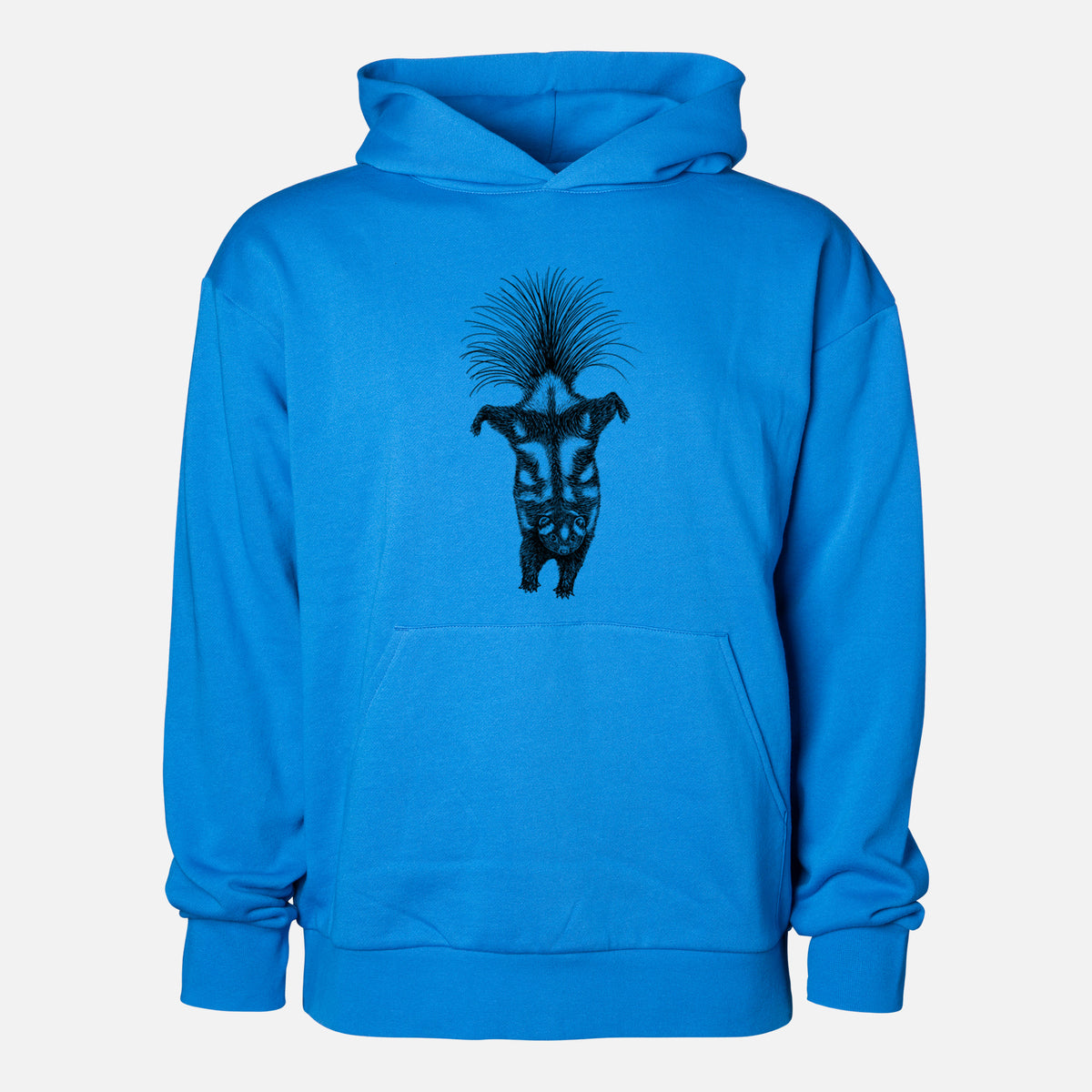 Eastern Spotted Skunk - Spilogale putorius - Statement Midweight Hoodie in Azure Blue, shown from the front with the design printed on the chest above a front kangaroo pocket.
