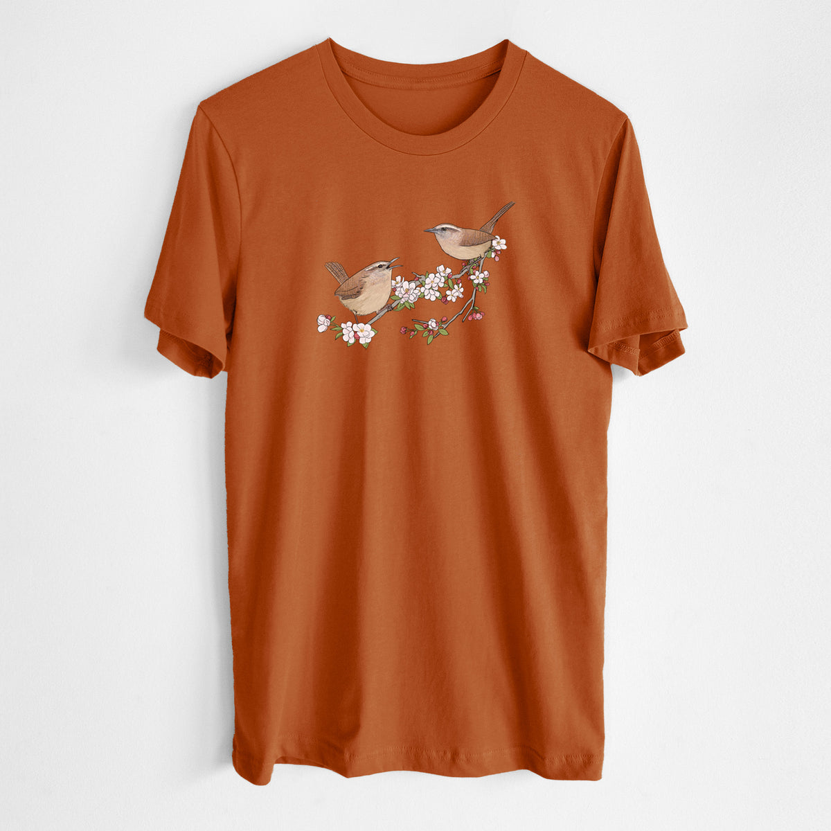 Spring Carolina Wrens on a Blooming Crabtree Branch - Lightweight 100% Cotton Unisex Crewneck