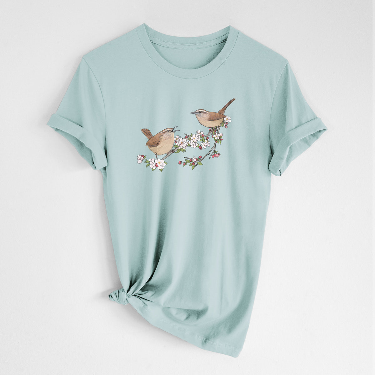 Spring Carolina Wrens on a Blooming Crabtree Branch - Lightweight 100% Cotton Unisex Crewneck