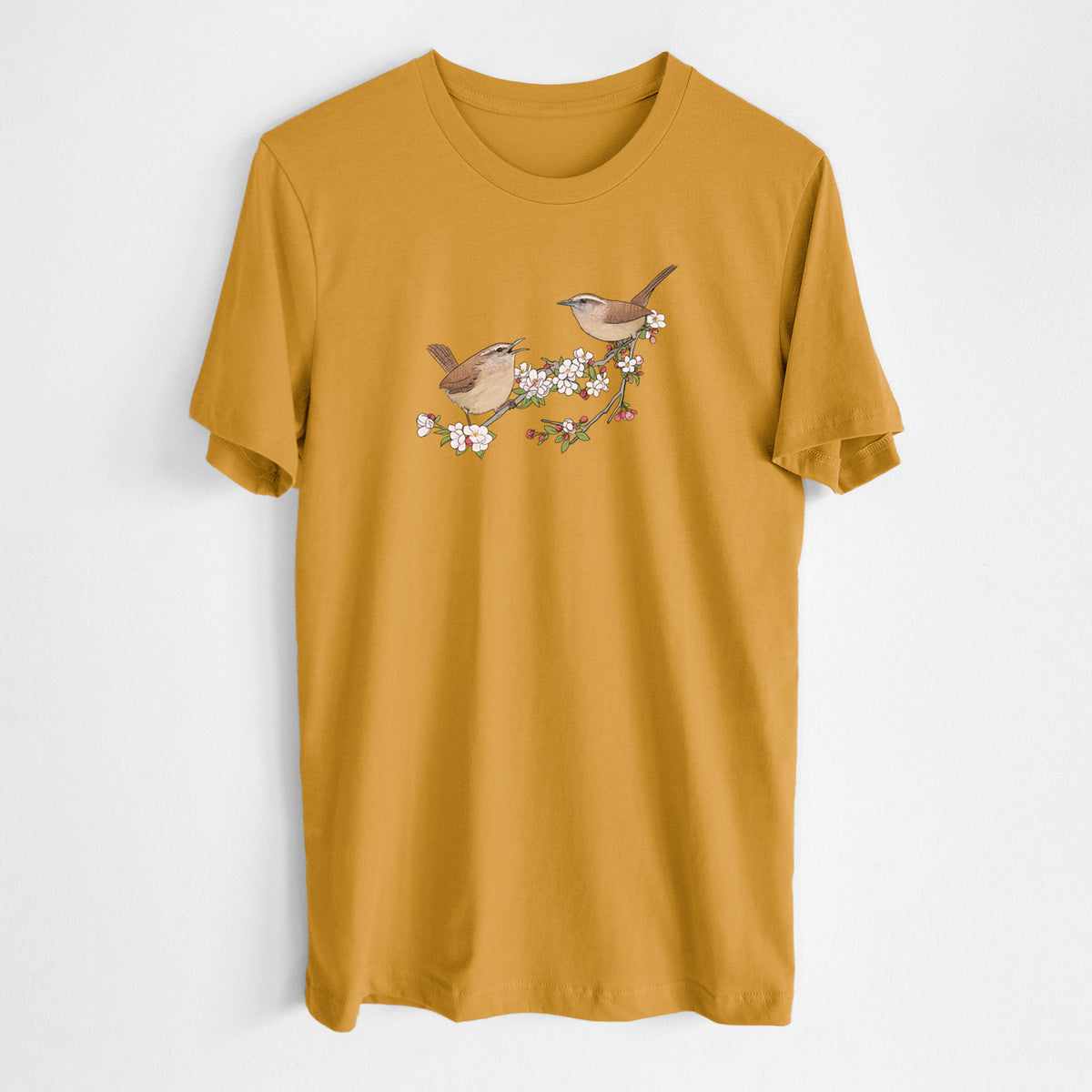 Spring Carolina Wrens on a Blooming Crabtree Branch - Lightweight 100% Cotton Unisex Crewneck
