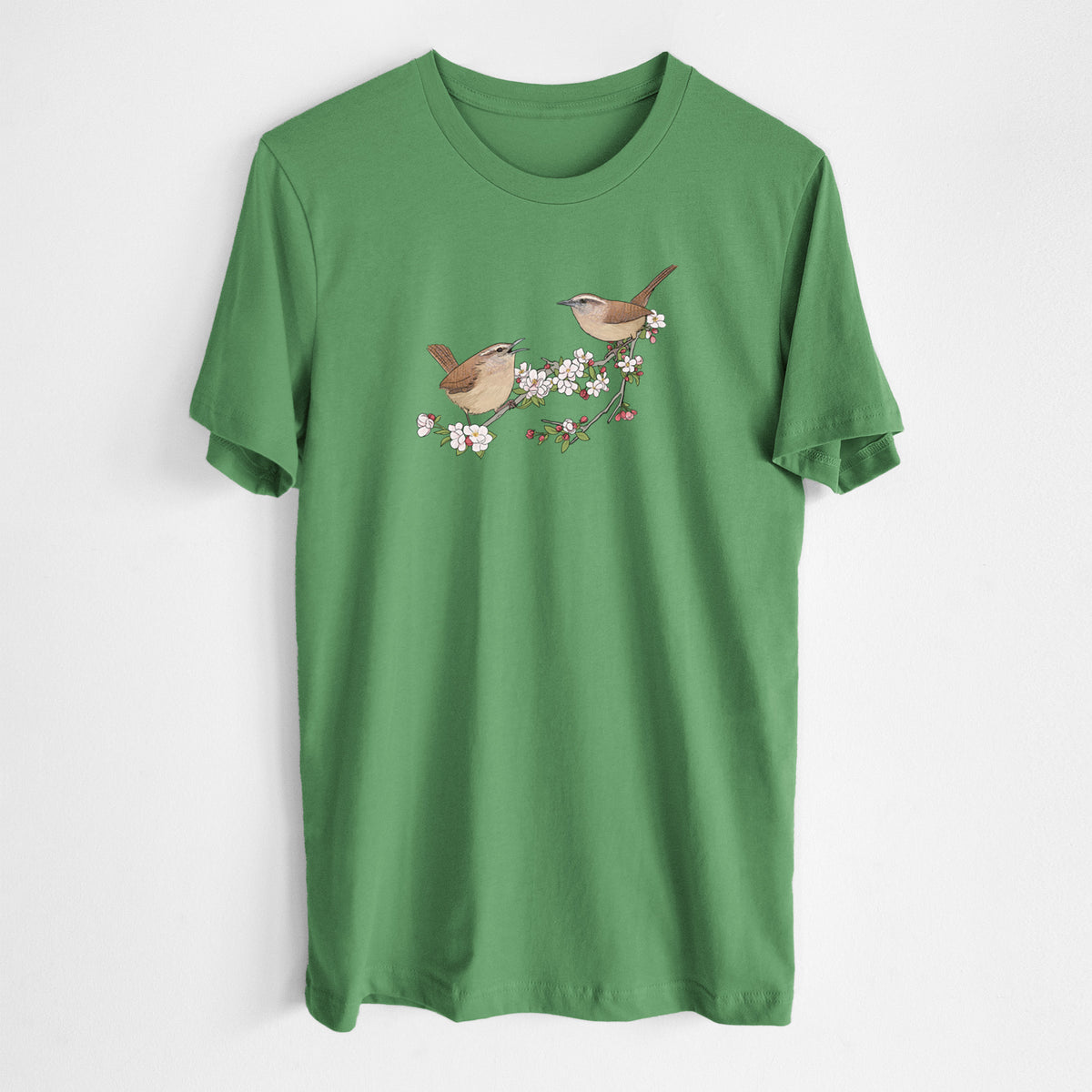 Spring Carolina Wrens on a Blooming Crabtree Branch - Lightweight 100% Cotton Unisex Crewneck