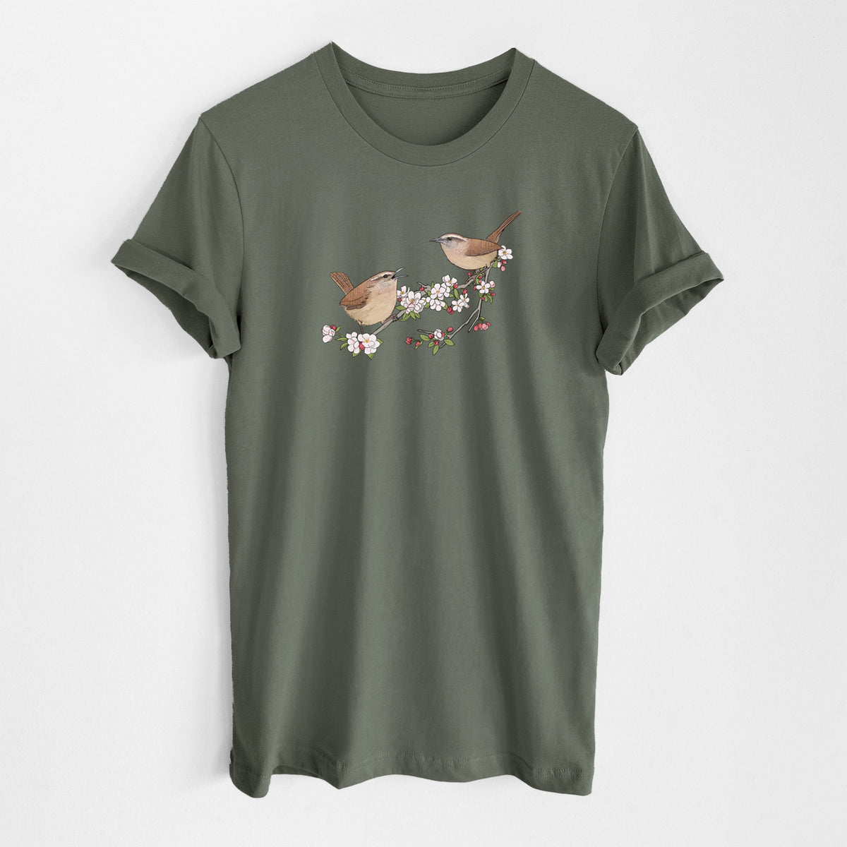 Spring Carolina Wrens on a Blooming Crabtree Branch - Lightweight 100% Cotton Unisex Crewneck