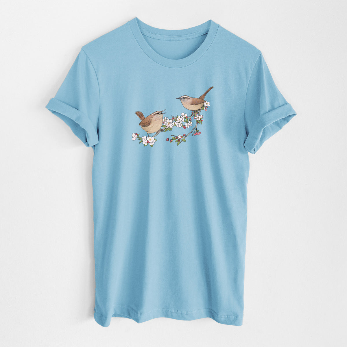 Spring Carolina Wrens on a Blooming Crabtree Branch - Lightweight 100% Cotton Unisex Crewneck