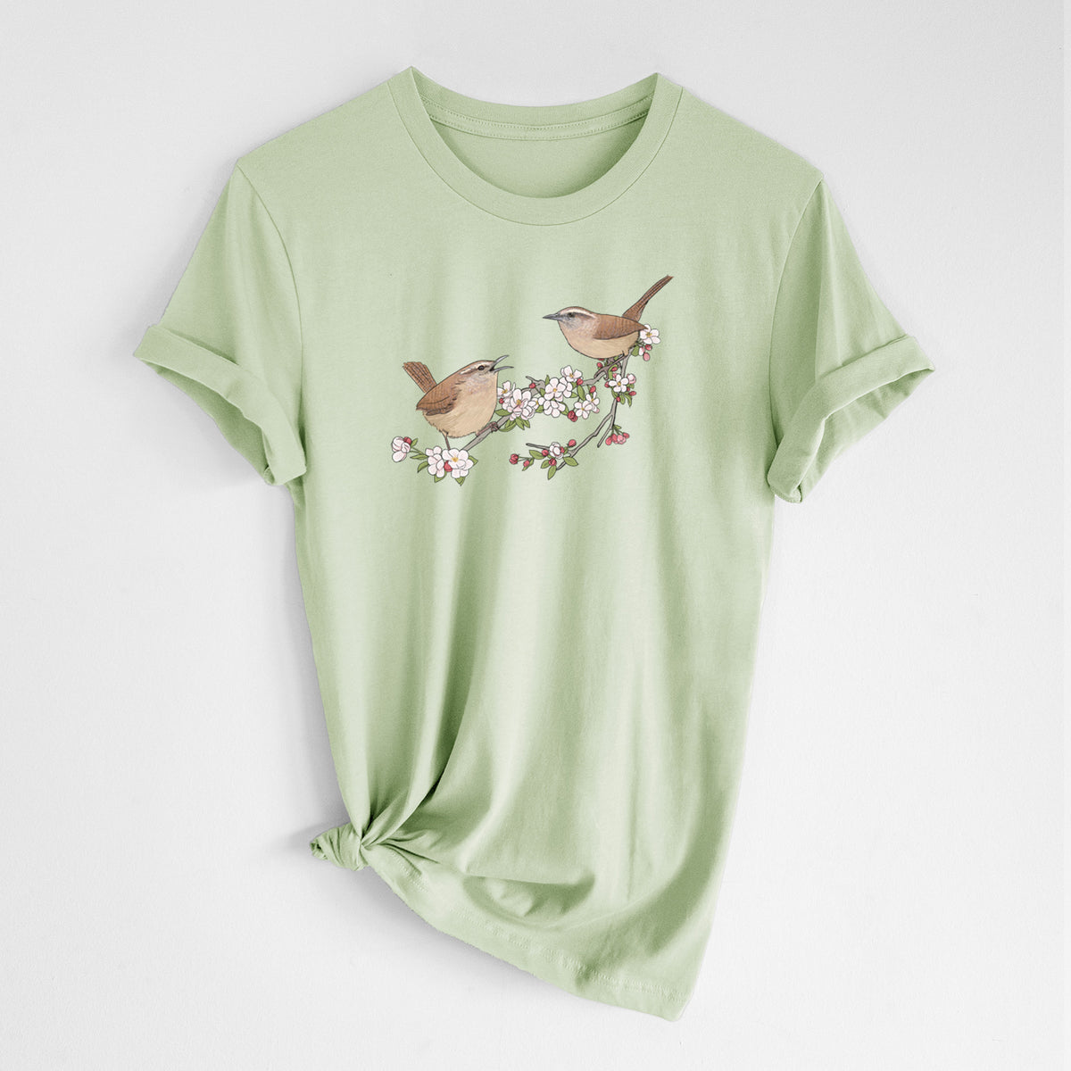 Spring Carolina Wrens on a Blooming Crabtree Branch - Lightweight 100% Cotton Unisex Crewneck