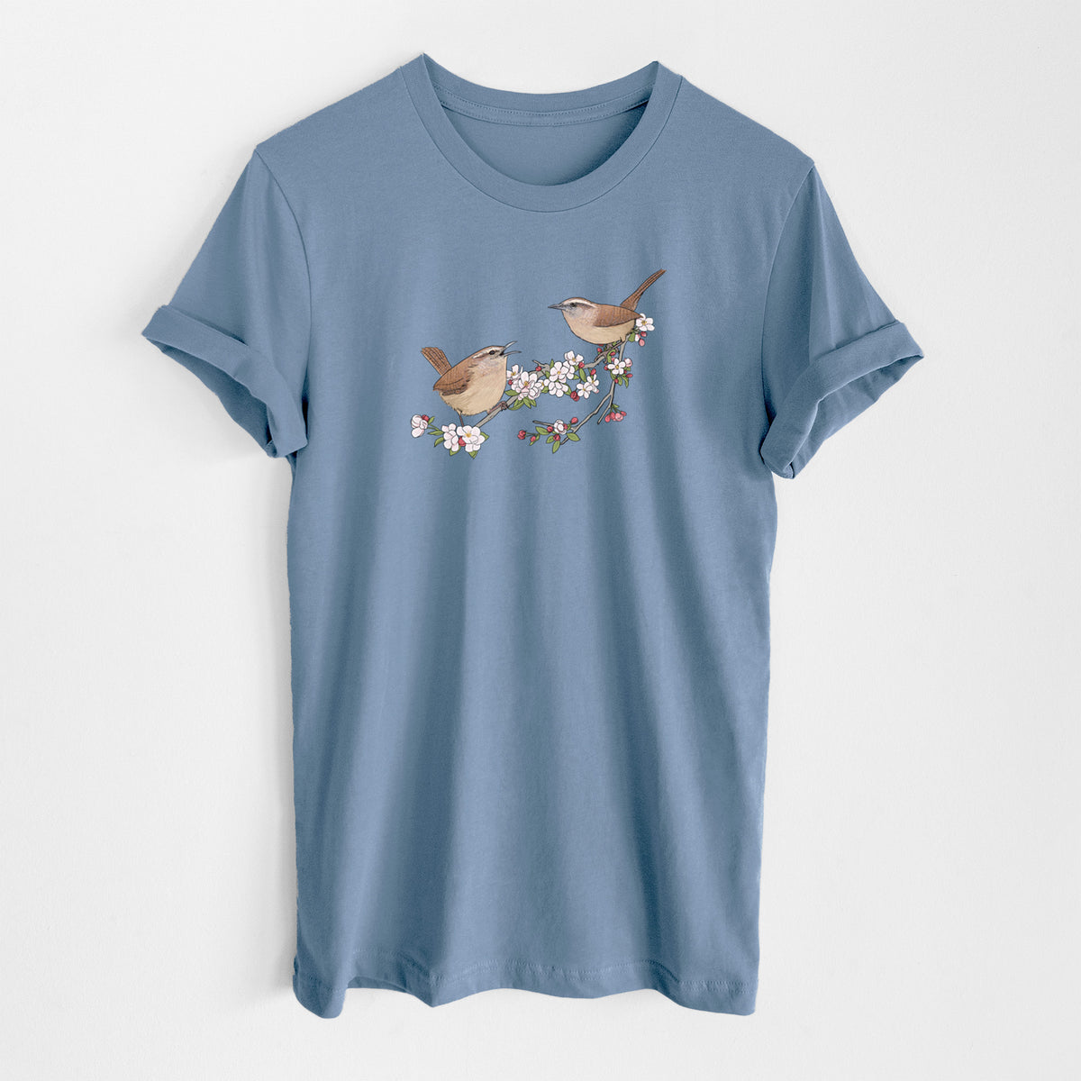 Spring Carolina Wrens on a Blooming Crabtree Branch - Lightweight 100% Cotton Unisex Crewneck