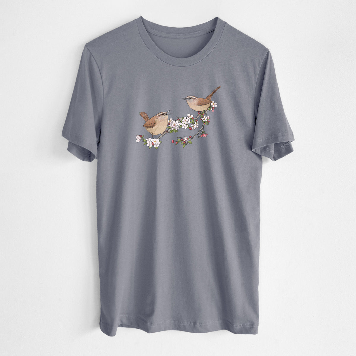 Spring Carolina Wrens on a Blooming Crabtree Branch - Lightweight 100% Cotton Unisex Crewneck