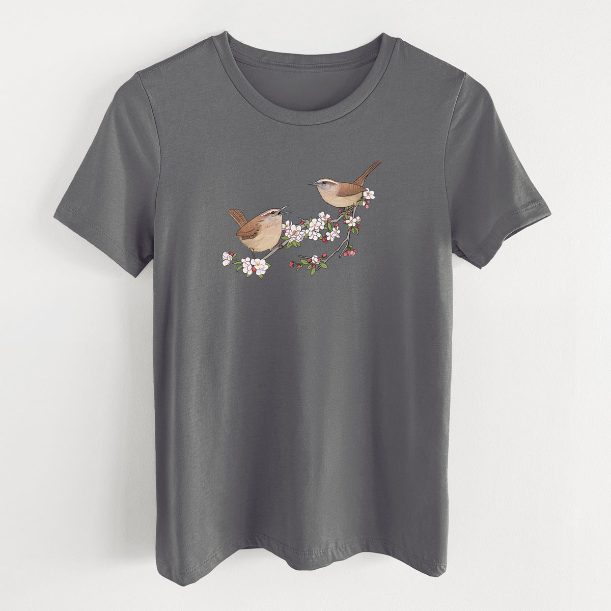 Spring Carolina Wrens on a Blooming Crabtree Branch - Women's Lightweight Relaxed Fit 100% Cotton Crewneck