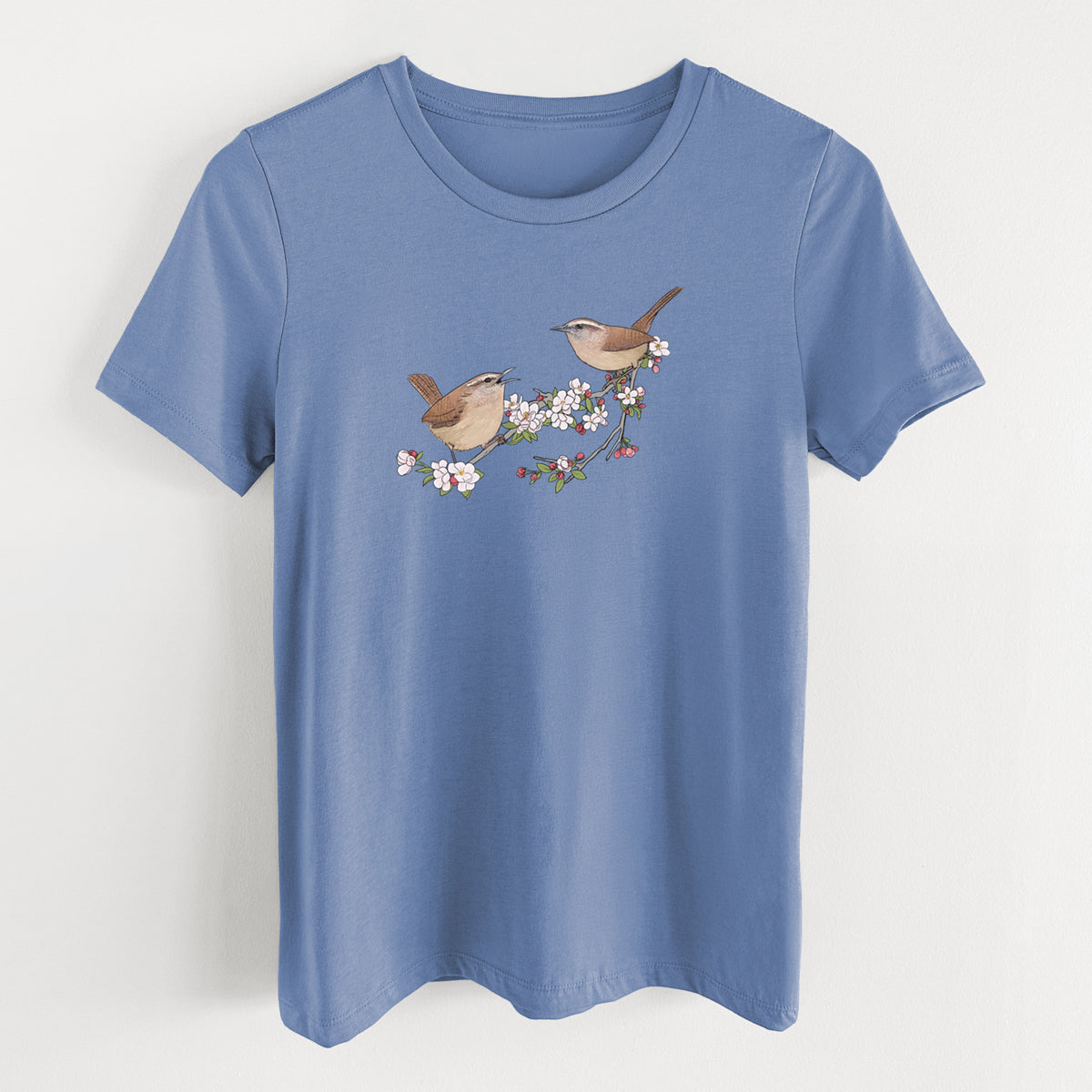 Spring Carolina Wrens on a Blooming Crabtree Branch - Women's Lightweight Relaxed Fit 100% Cotton Crewneck