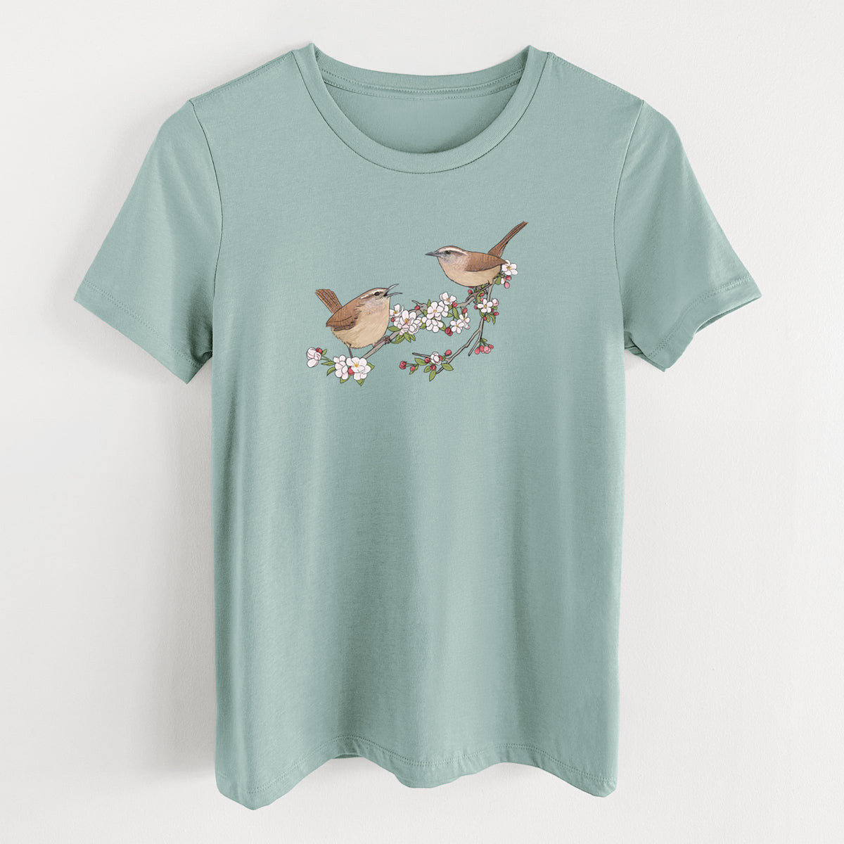 Spring Carolina Wrens on a Blooming Crabtree Branch - Women's Lightweight Relaxed Fit 100% Cotton Crewneck