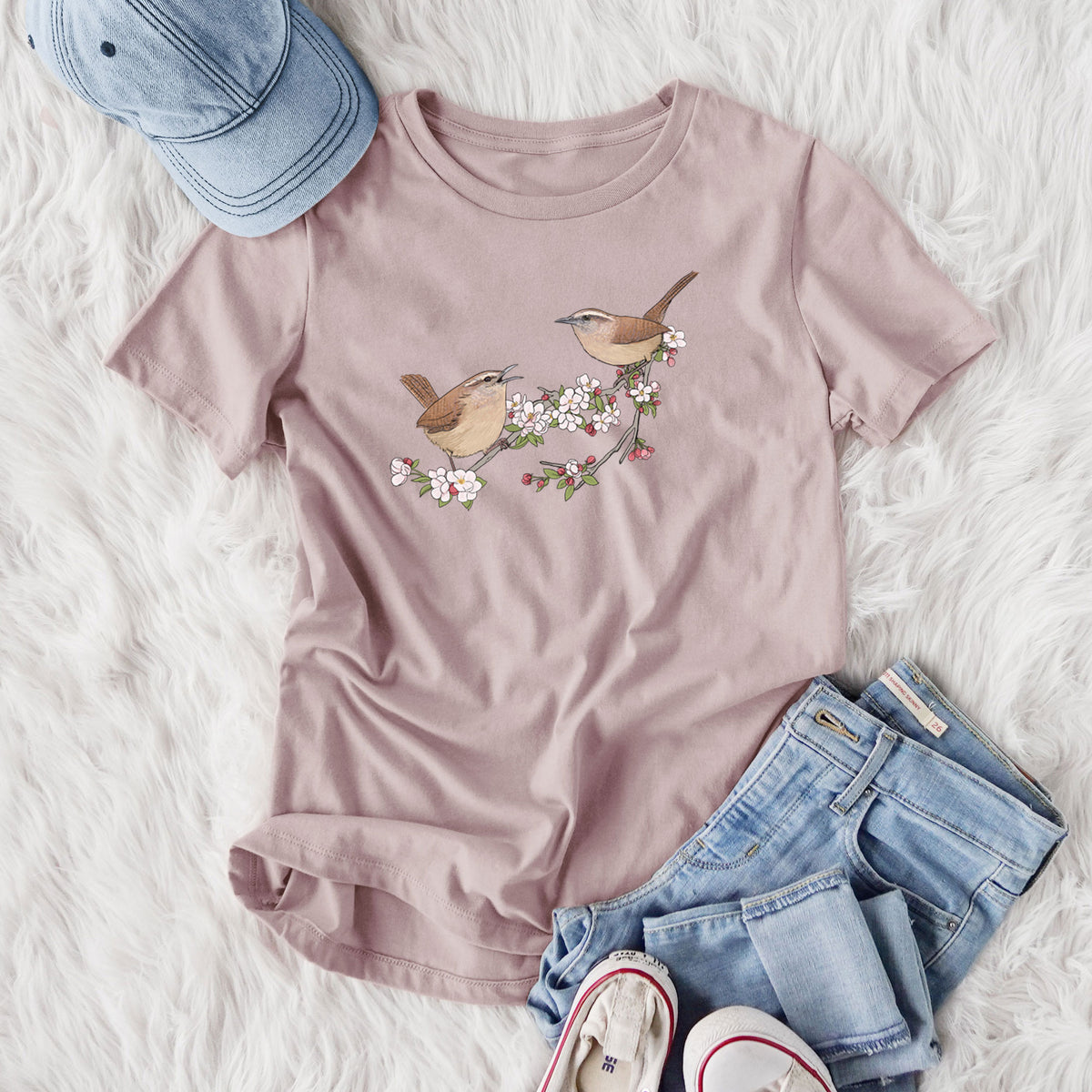 Spring Carolina Wrens on a Blooming Crabtree Branch - Women's Lightweight Relaxed Fit 100% Cotton Crewneck