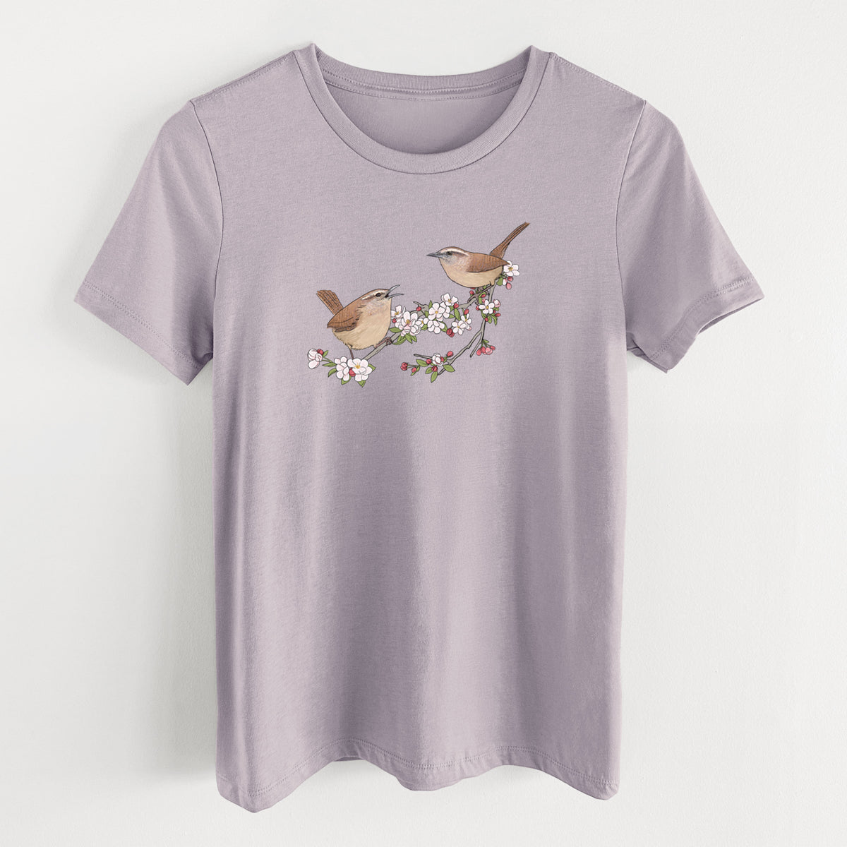 Spring Carolina Wrens on a Blooming Crabtree Branch - Women's Lightweight Relaxed Fit 100% Cotton Crewneck