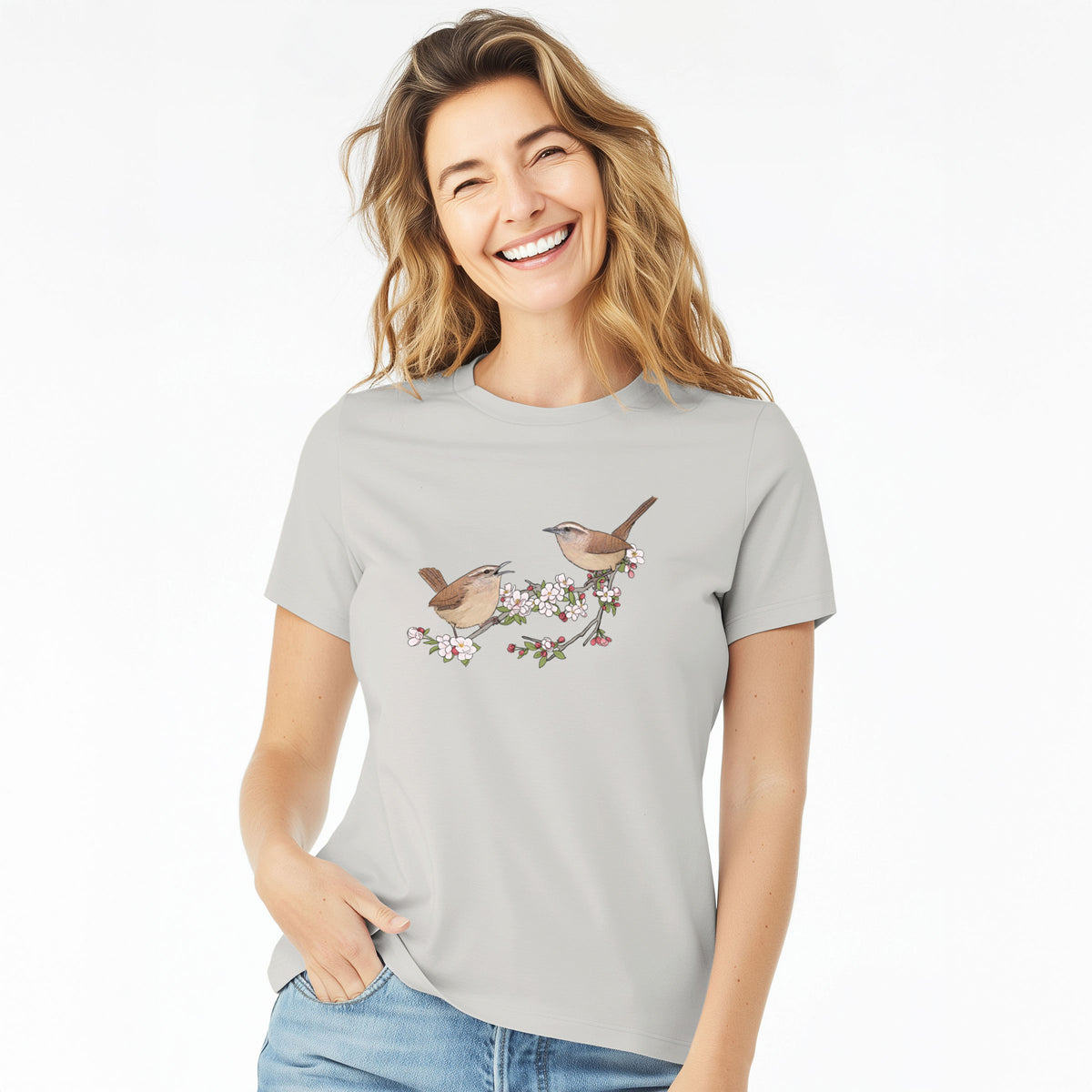 Spring Carolina Wrens on a Blooming Crabtree Branch - Women's Lightweight Relaxed Fit 100% Cotton Crewneck