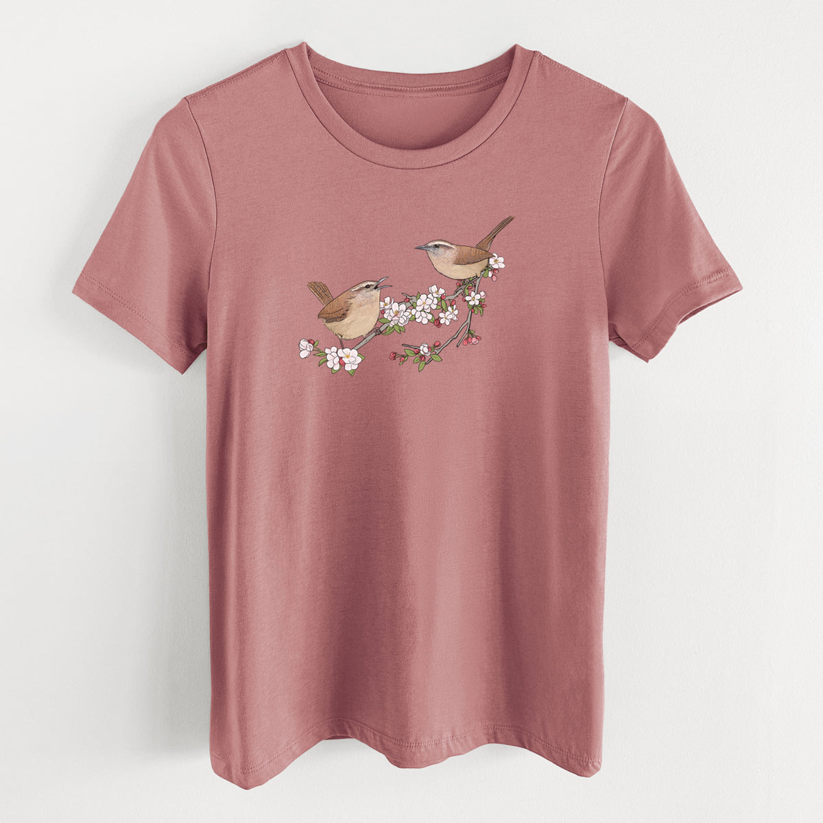 Spring Carolina Wrens on a Blooming Crabtree Branch - Women's Lightweight Relaxed Fit 100% Cotton Crewneck