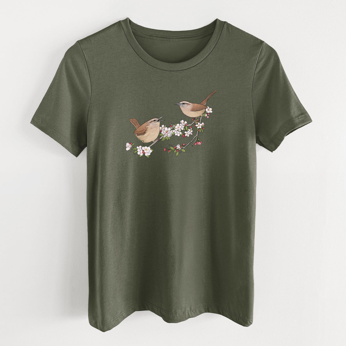 Spring Carolina Wrens on a Blooming Crabtree Branch - Women's Lightweight Relaxed Fit 100% Cotton Crewneck