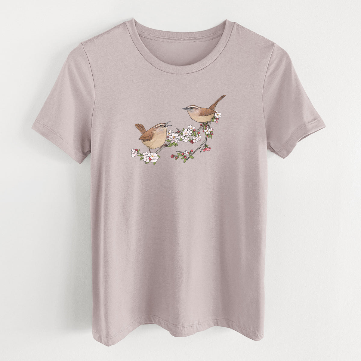 Spring Carolina Wrens on a Blooming Crabtree Branch - Women's Lightweight Relaxed Fit 100% Cotton Crewneck