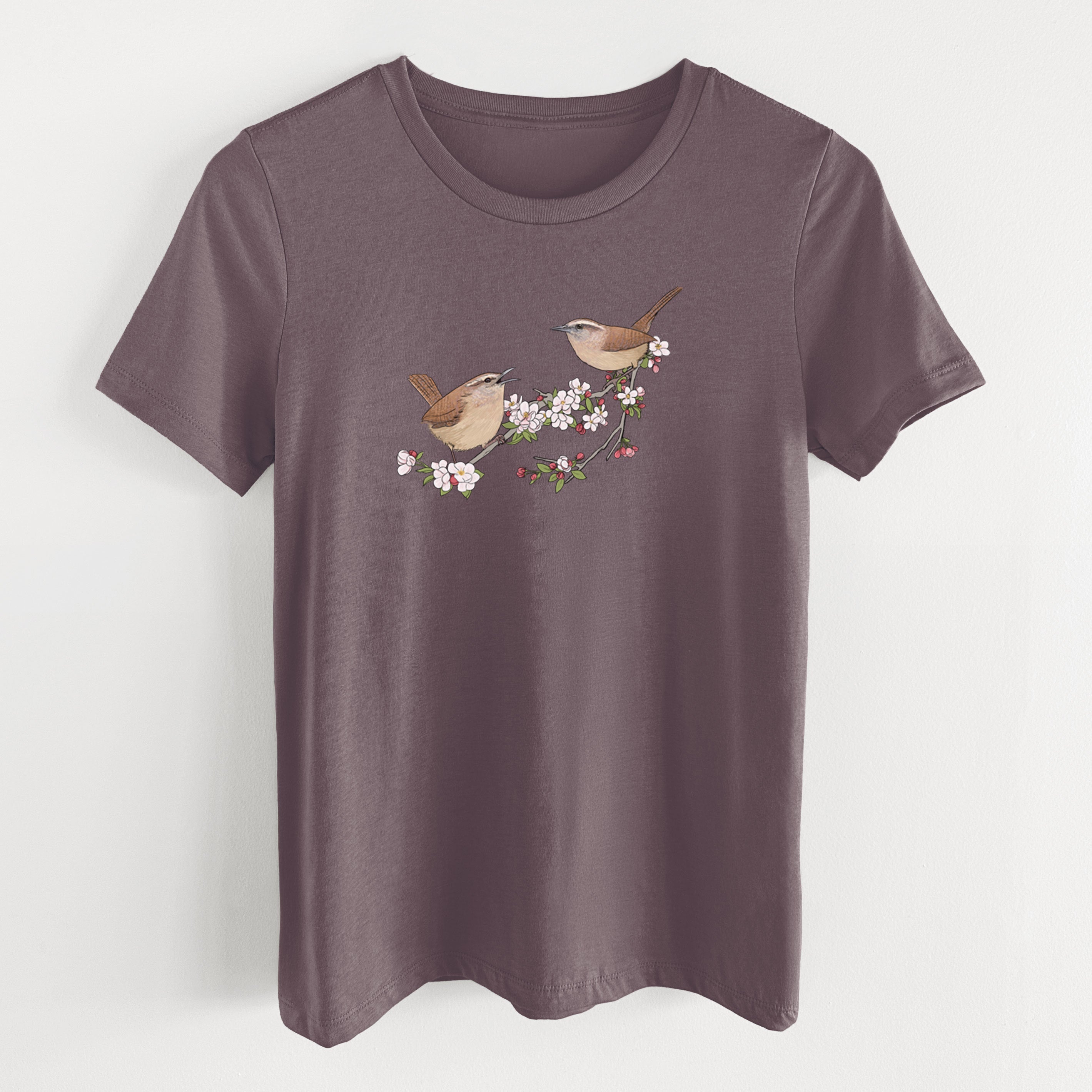 Spring Carolina Wrens on a Blooming Crabtree Branch - Women's Lightweight Relaxed Fit 100% Cotton Crewneck