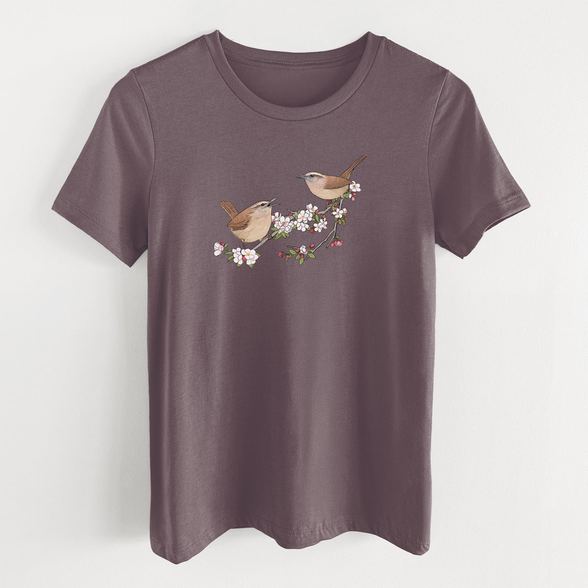 Spring Carolina Wrens on a Blooming Crabtree Branch - Women's Lightweight Relaxed Fit 100% Cotton Crewneck