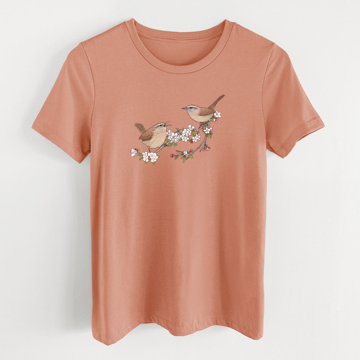 Spring Carolina Wrens on a Blooming Crabtree Branch - Women's Lightweight Relaxed Fit 100% Cotton Crewneck