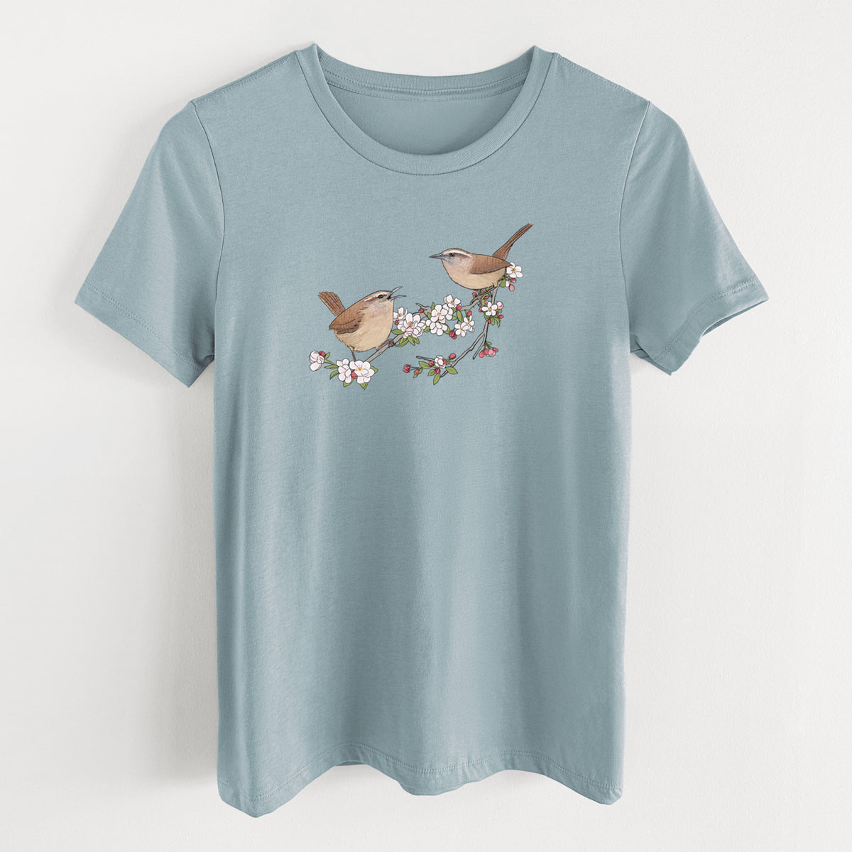 Spring Carolina Wrens on a Blooming Crabtree Branch - Women's Lightweight Relaxed Fit 100% Cotton Crewneck