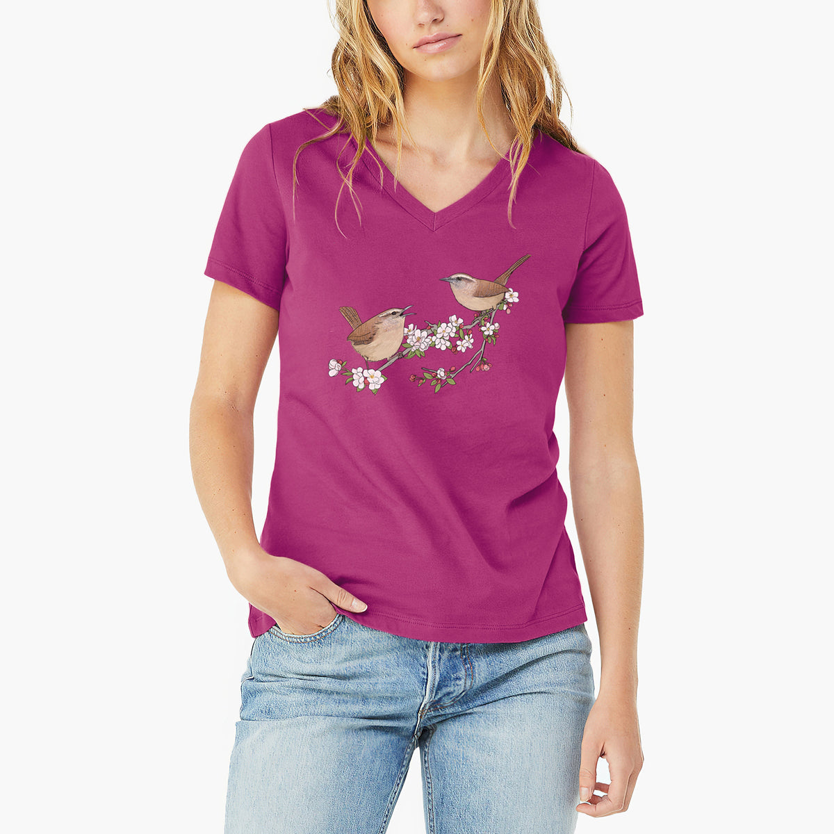 Spring Carolina Wrens on a Blooming Crabtree Branch - Women's Lightweight Relaxed Fit 100% Cotton V-neck