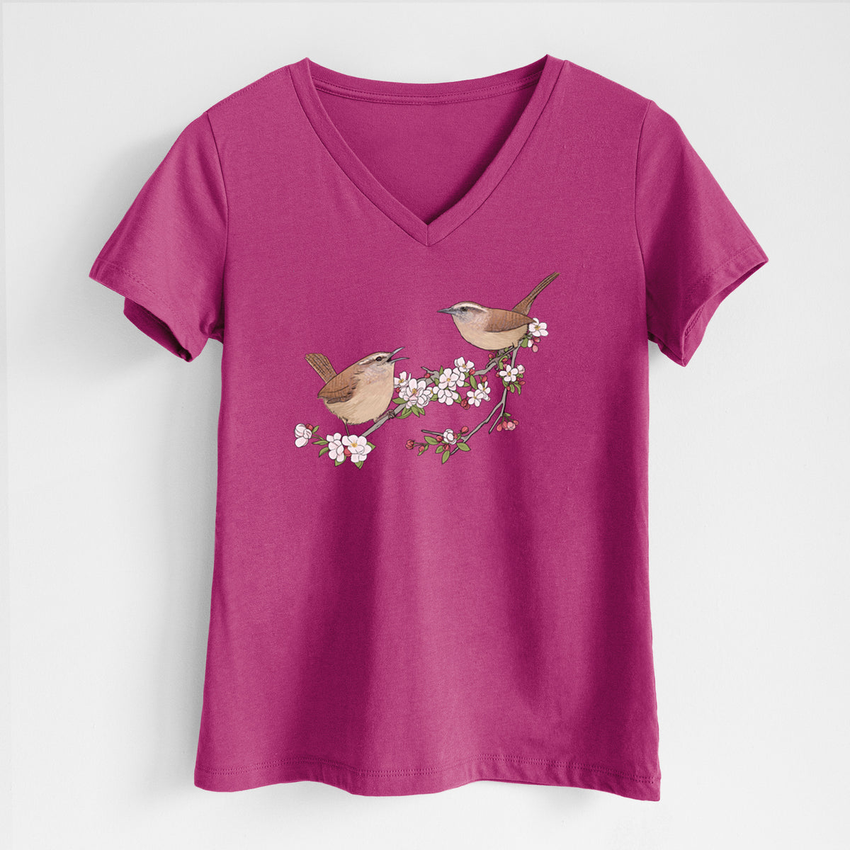 Spring Carolina Wrens on a Blooming Crabtree Branch - Women's Lightweight Relaxed Fit 100% Cotton V-neck