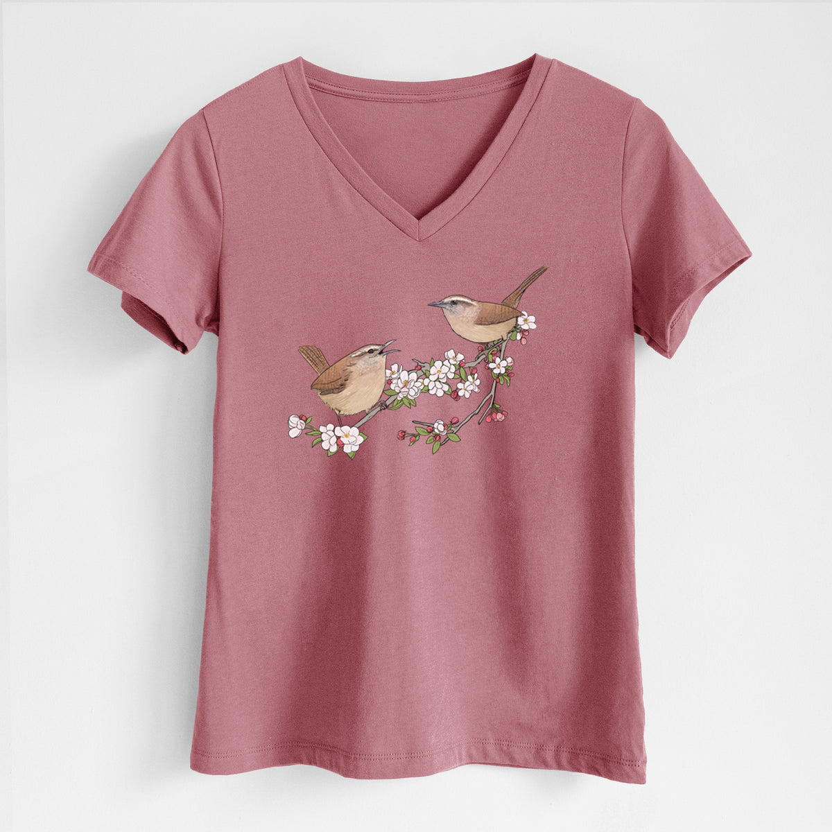 Spring Carolina Wrens on a Blooming Crabtree Branch - Women's Lightweight Relaxed Fit 100% Cotton V-neck